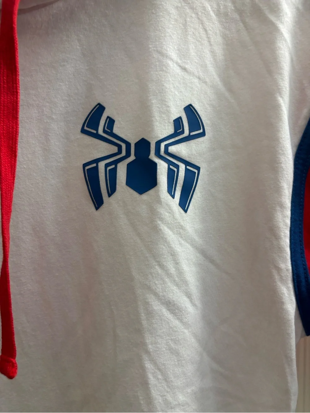 Marvel White Hooded Short-Sleeve Top with Red Sleeves and Blue Logo